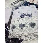 Luxury Milky White & Prussian Blue Embroidered Lawn 3 Pc Suit - Unstitched Summer Outfit with Prussian Blue Lace Neckline & Floral Chiffon Dupatta