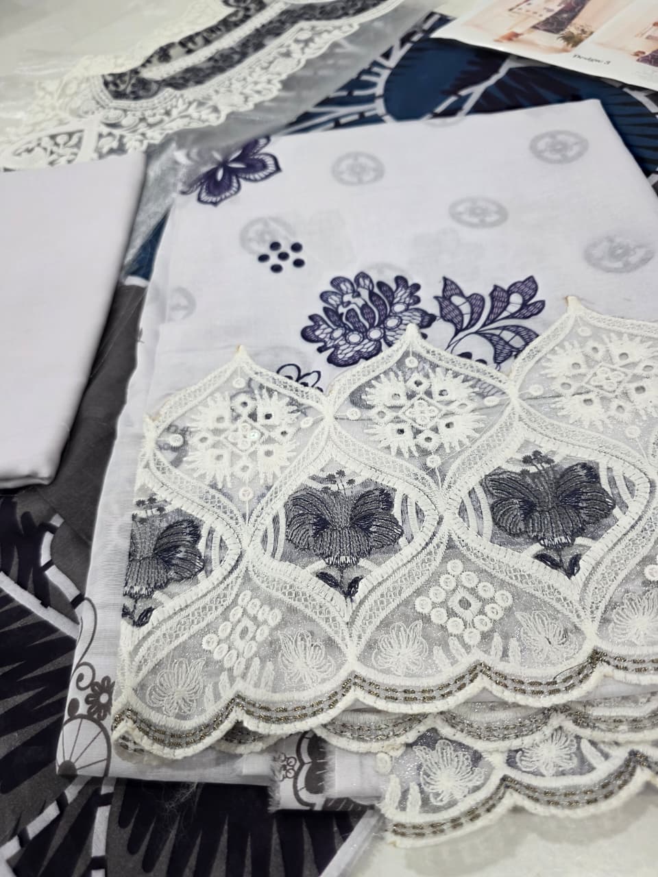 Luxury Milky White & Prussian Blue Embroidered Lawn 3 Pc Suit - Unstitched Summer Outfit with Prussian Blue Lace Neckline & Floral Chiffon Dupatta