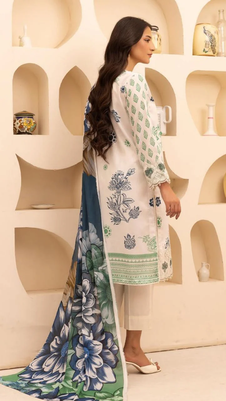 Luxury Milky White & Prussian Blue Embroidered Lawn 3 Pc Suit - Unstitched Summer Outfit with Prussian Blue Lace Neckline & Floral Chiffon Dupatta