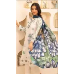 Luxury Milky White & Prussian Blue Embroidered Lawn 3 Pc Suit - Unstitched Summer Outfit with Prussian Blue Lace Neckline & Floral Chiffon Dupatta