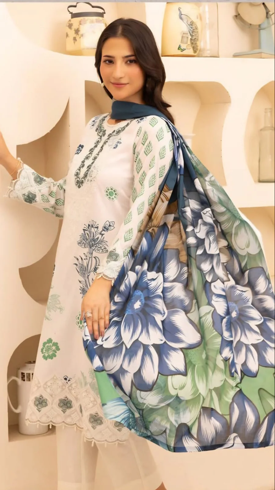 Luxury Milky White & Prussian Blue Embroidered Lawn 3 Pc Suit - Unstitched Summer Outfit with Prussian Blue Lace Neckline & Floral Chiffon Dupatta