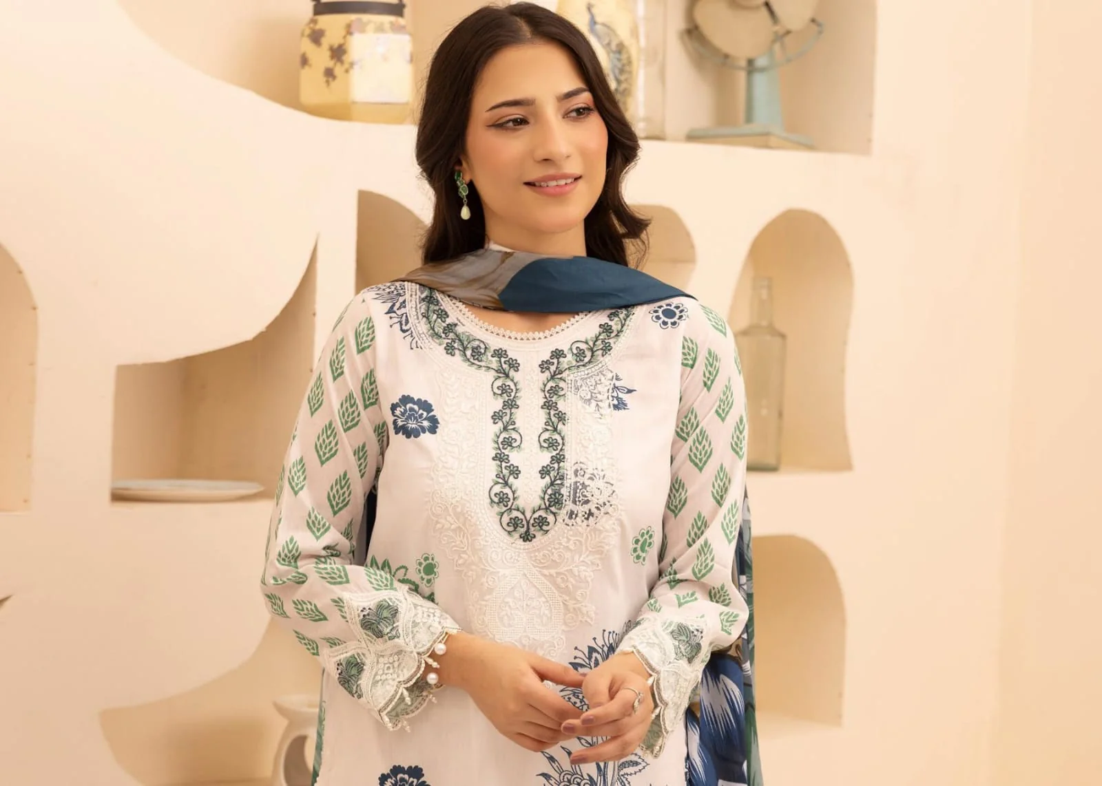 Luxury Milky White & Prussian Blue Embroidered Lawn 3 Pc Suit - Unstitched Summer Outfit with Prussian Blue Lace Neckline & Floral Chiffon Dupatta