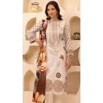 Luxury Soft Cream & Earthy Coffee Embroidered Lawn 3 Pc Suit - Unstitched Summer Outfit with Organza Neckline & Warm Botanical Chiffon Dupatta