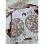 Luxury Soft Cream & Earthy Coffee Embroidered Lawn 3 Pc Suit - Unstitched Summer Outfit with Organza Neckline & Warm Botanical Chiffon Dupatta