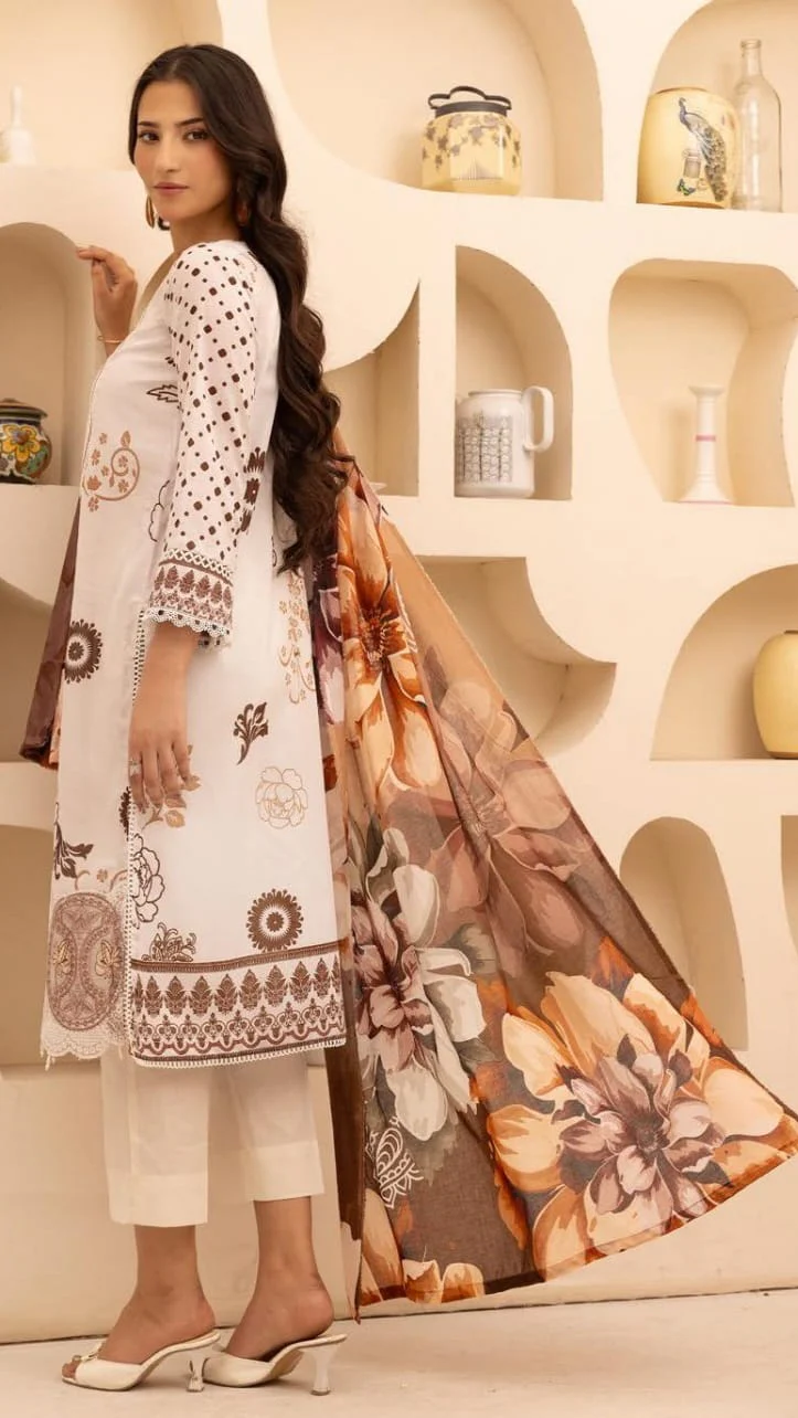 Luxury Soft Cream & Earthy Coffee Embroidered Lawn 3 Pc Suit - Unstitched Summer Outfit with Organza Neckline & Warm Botanical Chiffon Dupatta
