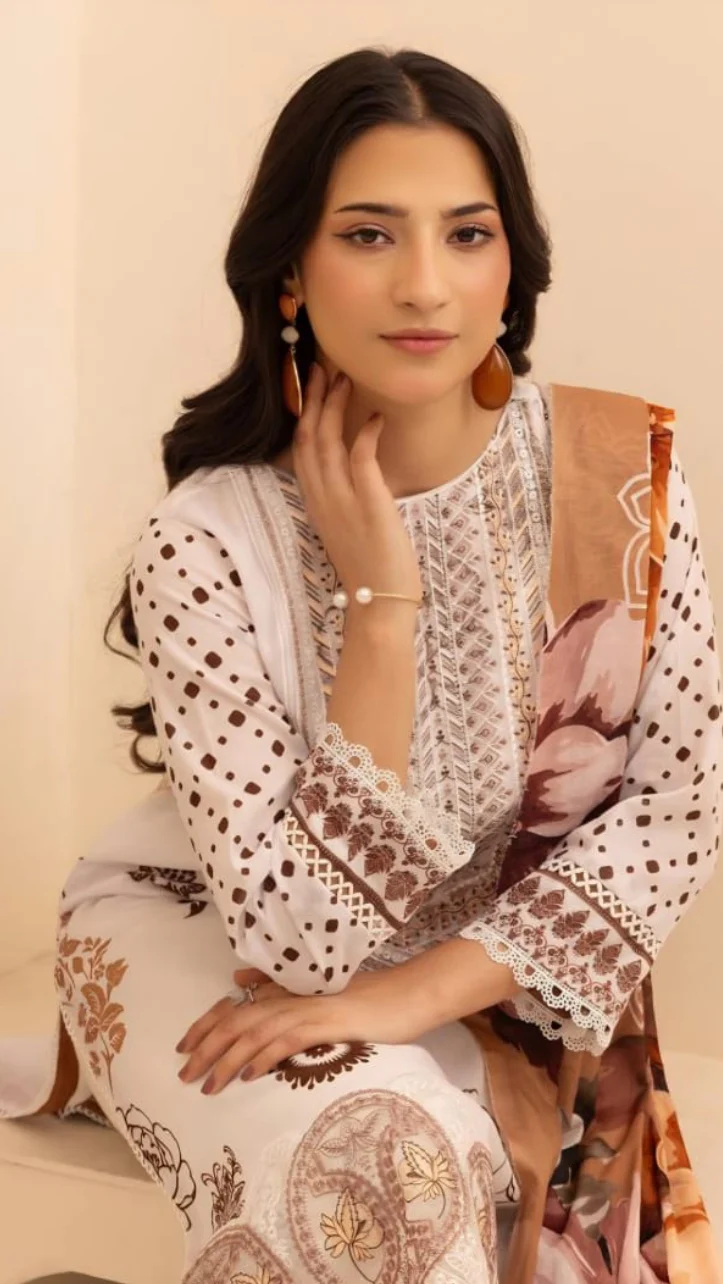 Luxury Soft Cream & Earthy Coffee Embroidered Lawn 3 Pc Suit - Unstitched Summer Outfit with Organza Neckline & Warm Botanical Chiffon Dupatta