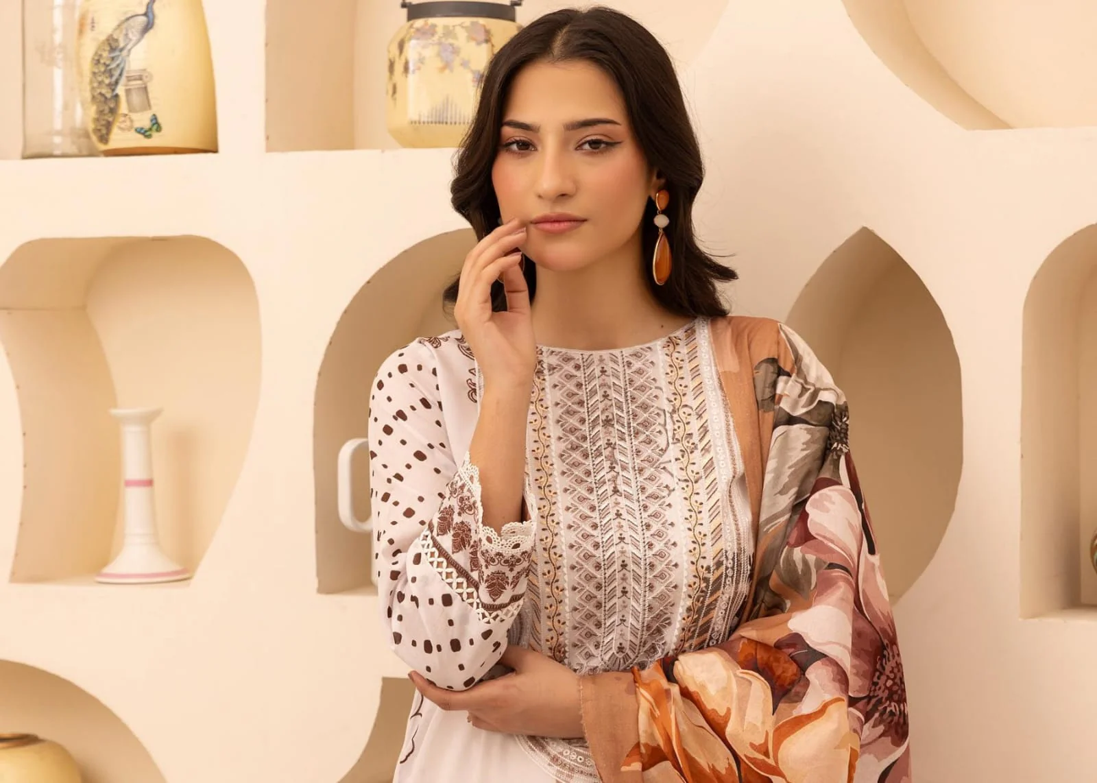 Luxury Soft Cream & Earthy Coffee Embroidered Lawn 3 Pc Suit - Unstitched Summer Outfit with Organza Neckline & Warm Botanical Chiffon Dupatta