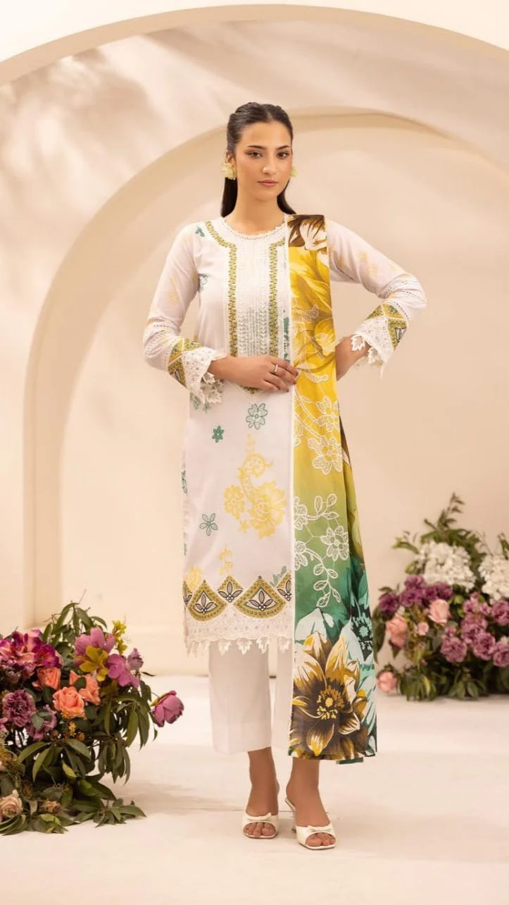 Premium Ivory & Canary Yellow Embroidered Lawn 3 Pc Suit - Unstitched Summer Wear with Sheer Emerald Trim Gala & Gradient Tropical Dupatta