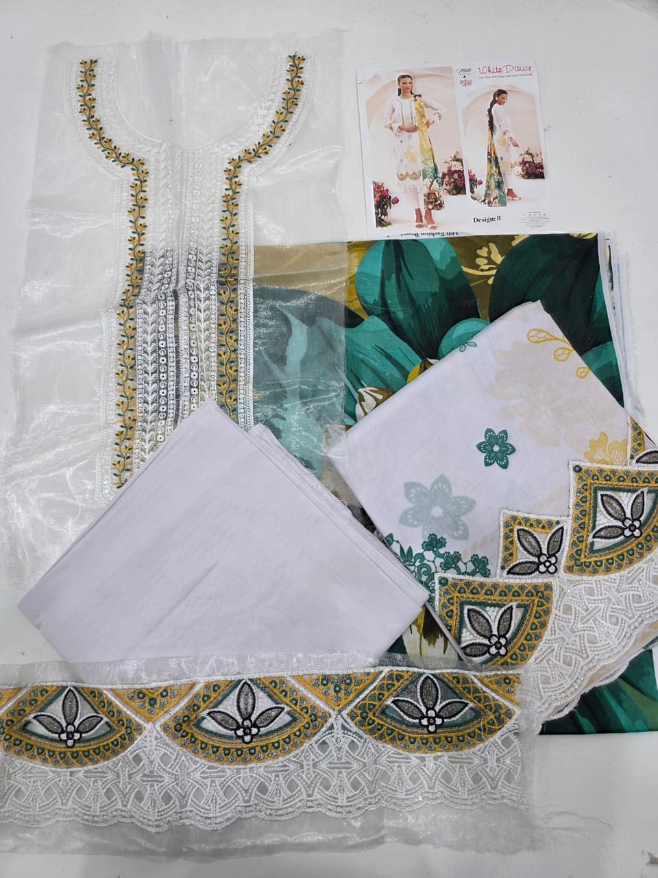 Premium Ivory & Canary Yellow Embroidered Lawn 3 Pc Suit - Unstitched Summer Wear with Sheer Emerald Trim Gala & Gradient Tropical Dupatta
