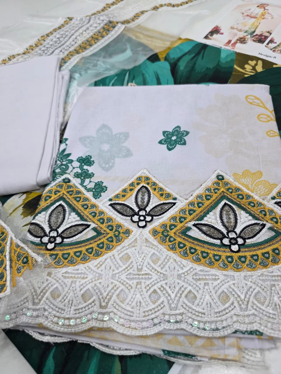 Premium Ivory & Canary Yellow Embroidered Lawn 3 Pc Suit - Unstitched Summer Wear with Sheer Emerald Trim Gala & Gradient Tropical Dupatta