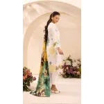 Premium Ivory & Canary Yellow Embroidered Lawn 3 Pc Suit - Unstitched Summer Wear with Sheer Emerald Trim Gala & Gradient Tropical Dupatta