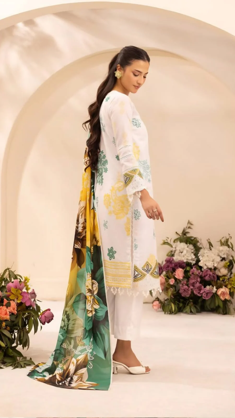 Premium Ivory & Canary Yellow Embroidered Lawn 3 Pc Suit - Unstitched Summer Wear with Sheer Emerald Trim Gala & Gradient Tropical Dupatta