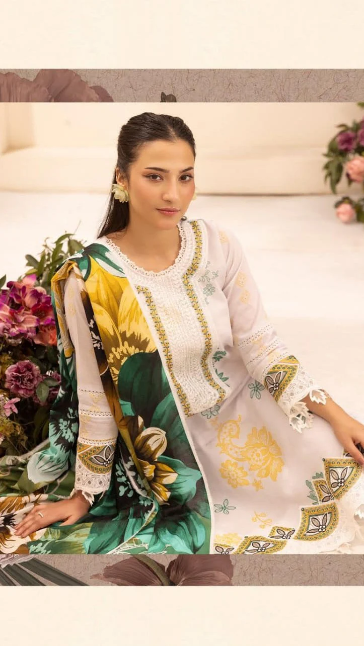 Premium Ivory & Canary Yellow Embroidered Lawn 3 Pc Suit - Unstitched Summer Wear with Sheer Emerald Trim Gala & Gradient Tropical Dupatta