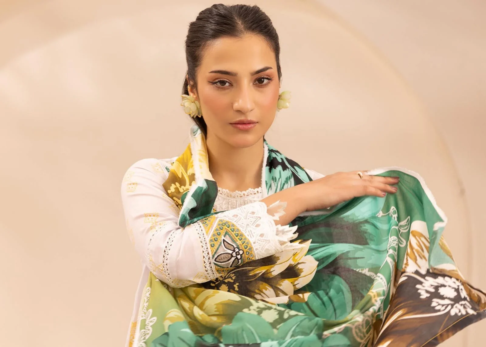 Premium Ivory & Canary Yellow Embroidered Lawn 3 Pc Suit - Unstitched Summer Wear with Sheer Emerald Trim Gala & Gradient Tropical Dupatta