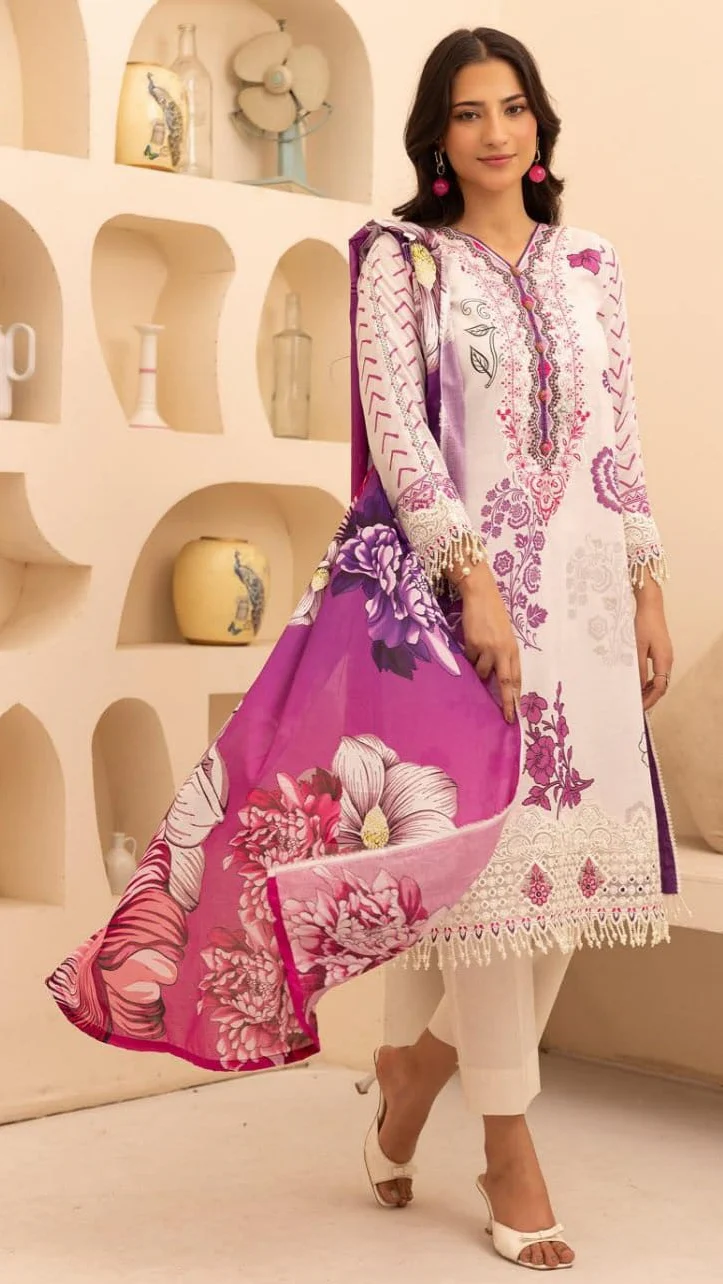 Luxury Soft White & Magenta Orchid Embroidered Lawn 3 Pc Suit - Unstitched Summer Outfit with Sheer V-Neck Border & Bold Floral Dupatta