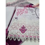 Luxury Soft White & Magenta Orchid Embroidered Lawn 3 Pc Suit - Unstitched Summer Outfit with Sheer V-Neck Border & Bold Floral Dupatta