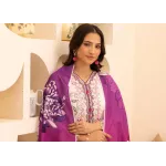 Luxury Soft White & Magenta Orchid Embroidered Lawn 3 Pc Suit - Unstitched Summer Outfit with Sheer V-Neck Border & Bold Floral Dupatta