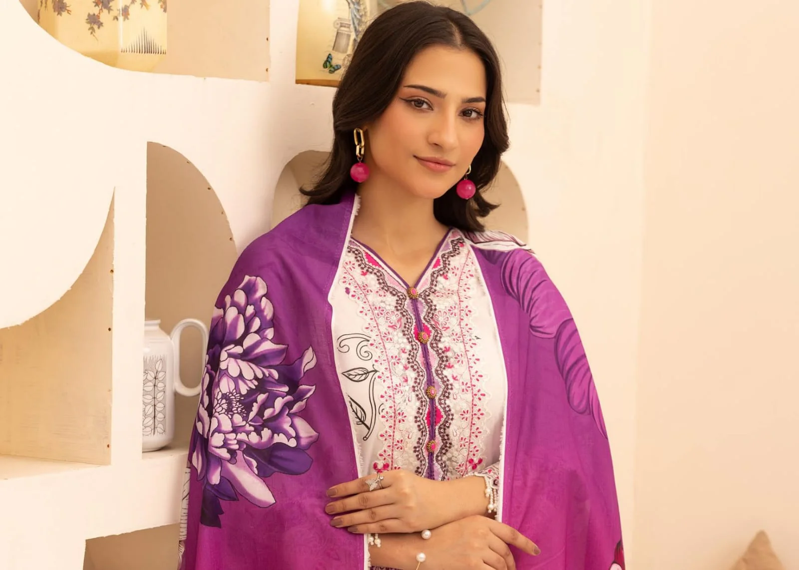 Luxury Soft White & Magenta Orchid Embroidered Lawn 3 Pc Suit - Unstitched Summer Outfit with Sheer V-Neck Border & Bold Floral Dupatta