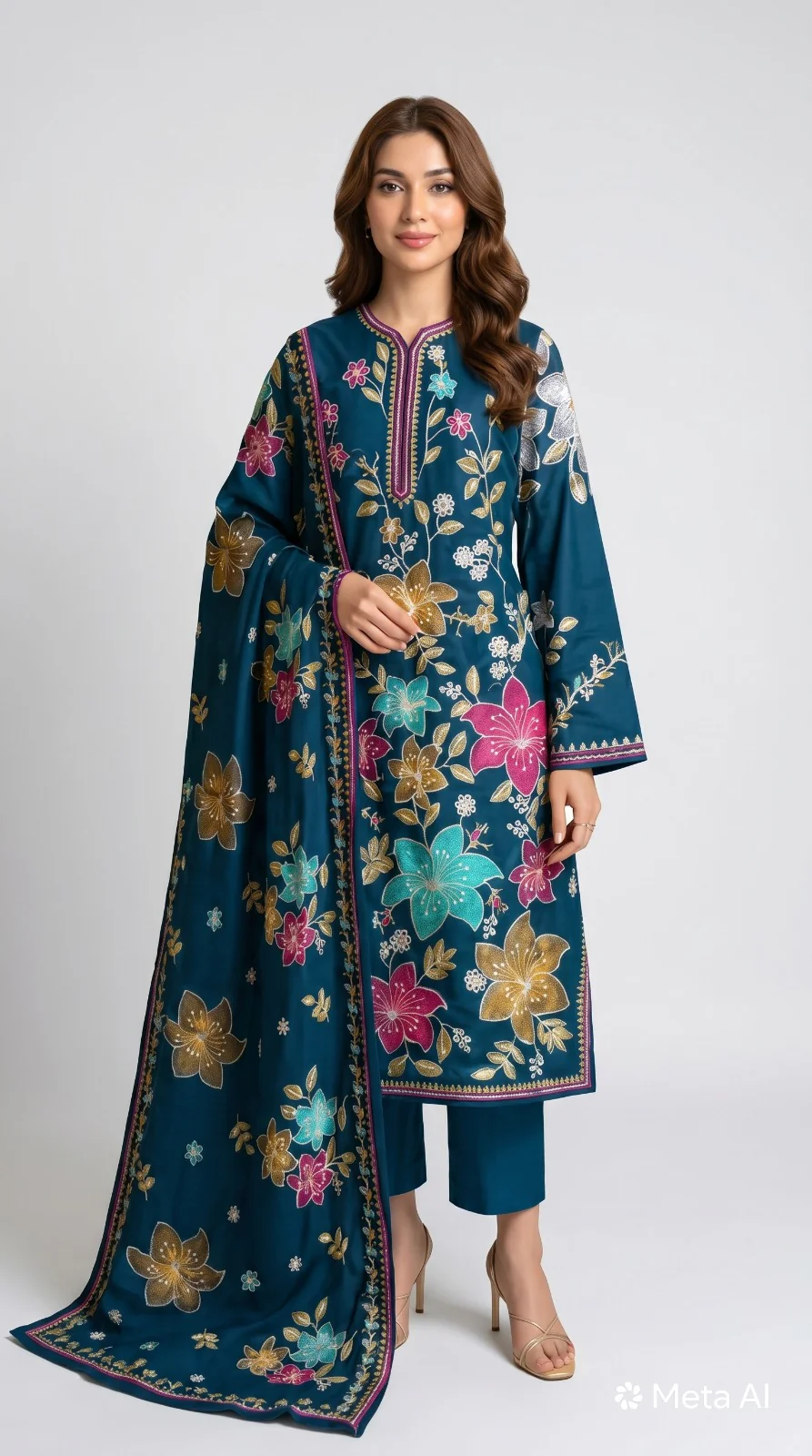 Luxury Deep Teal Blue Multi-Color Embroidered Lawn 3 Pc Suit - Premium Unstitched Summer Outfit with Intricate Floral Shirt & Matching Dupatta