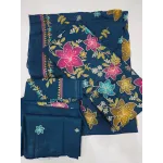 Luxury Deep Teal Blue Multi-Color Embroidered Lawn 3 Pc Suit - Premium Unstitched Summer Outfit with Intricate Floral Shirt & Matching Dupatta