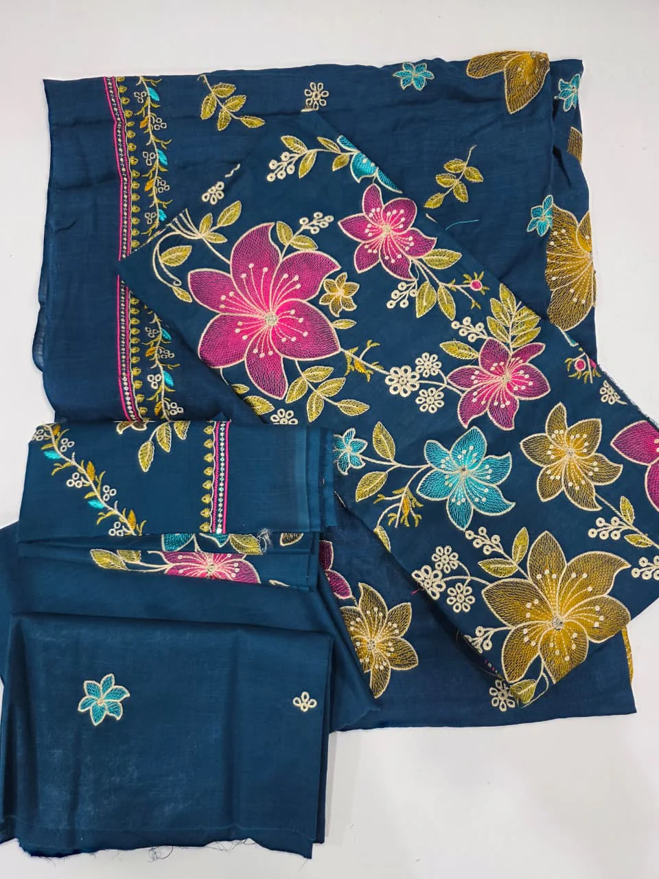 Luxury Deep Teal Blue Multi-Color Embroidered Lawn 3 Pc Suit - Premium Unstitched Summer Outfit with Intricate Floral Shirt & Matching Dupatta