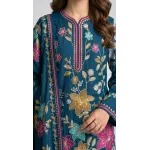 Luxury Deep Teal Blue Multi-Color Embroidered Lawn 3 Pc Suit - Premium Unstitched Summer Outfit with Intricate Floral Shirt & Matching Dupatta