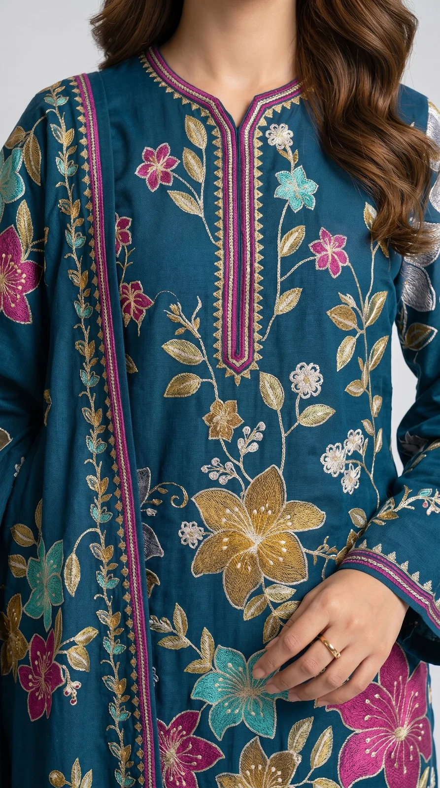 Luxury Deep Teal Blue Multi-Color Embroidered Lawn 3 Pc Suit - Premium Unstitched Summer Outfit with Intricate Floral Shirt & Matching Dupatta