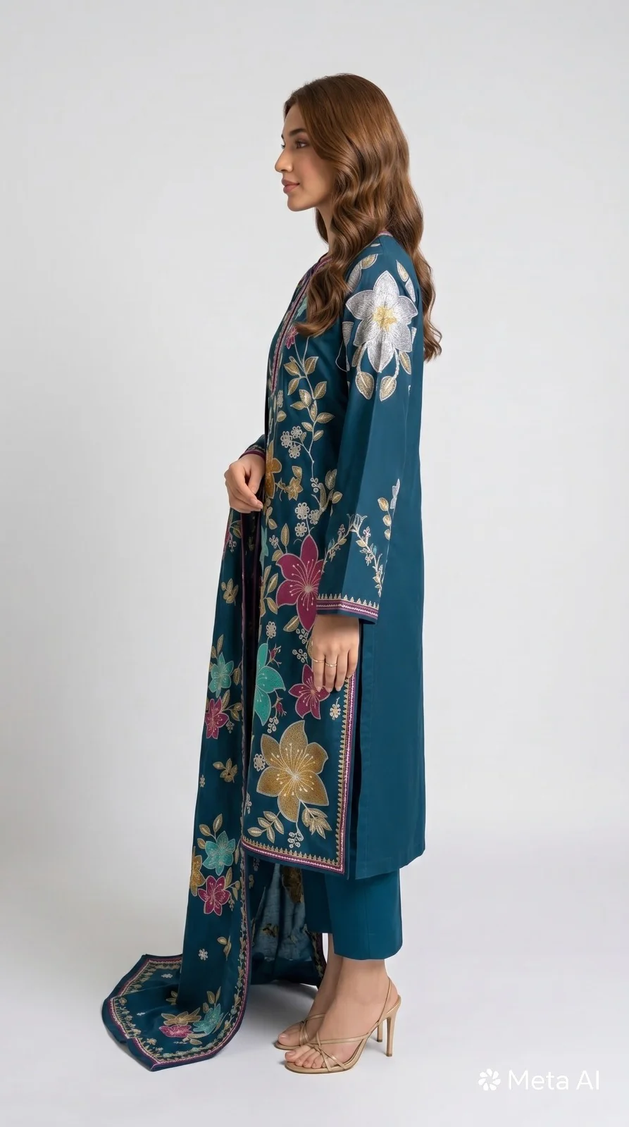 Luxury Deep Teal Blue Multi-Color Embroidered Lawn 3 Pc Suit - Premium Unstitched Summer Outfit with Intricate Floral Shirt & Matching Dupatta