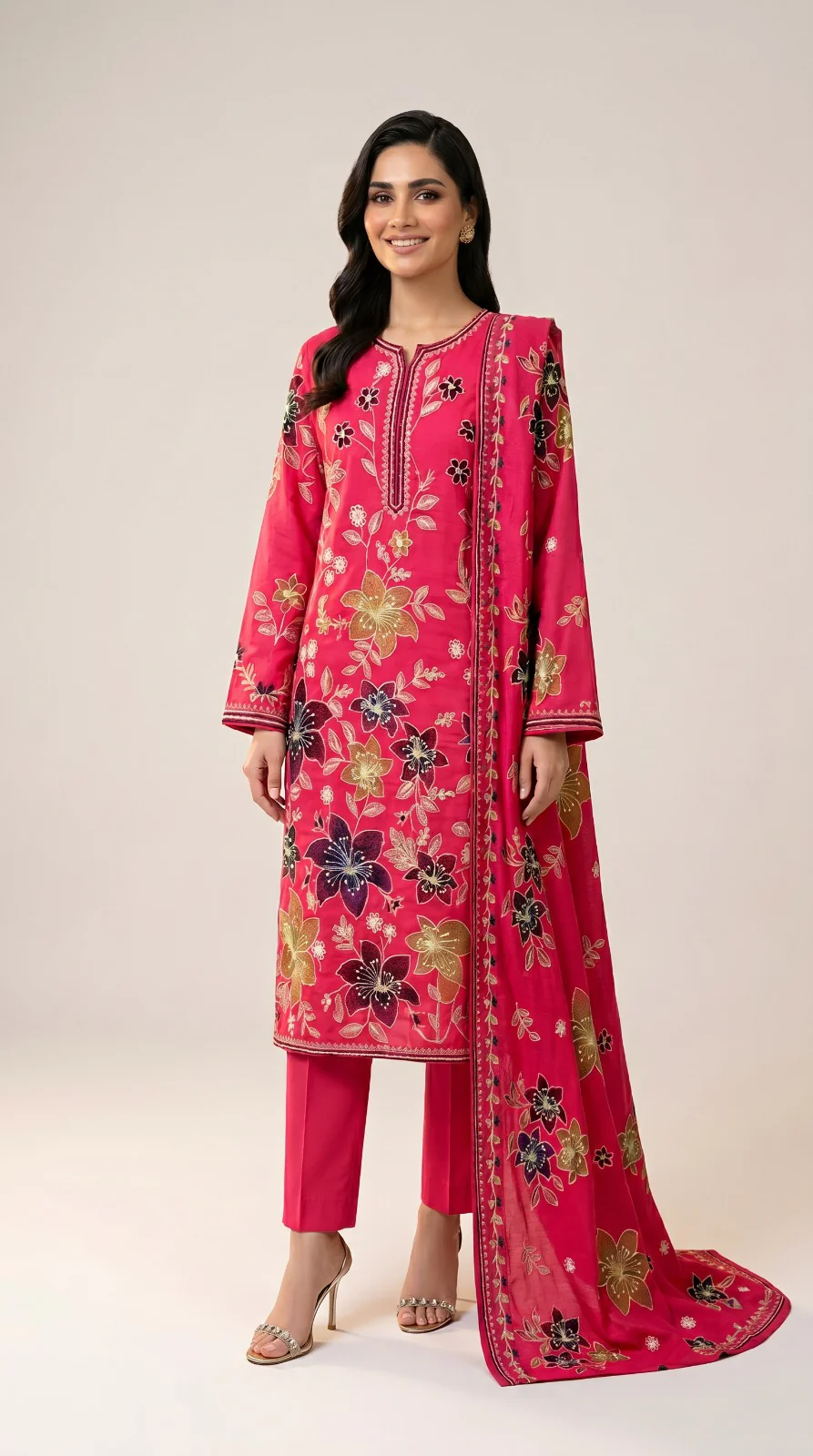 Luxury Shocking Pink Multi-Color Embroidered Lawn 3 Pc Suit - Premium Unstitched Summer Outfit with Intricate Botanical Motif Shirt & Dupatta