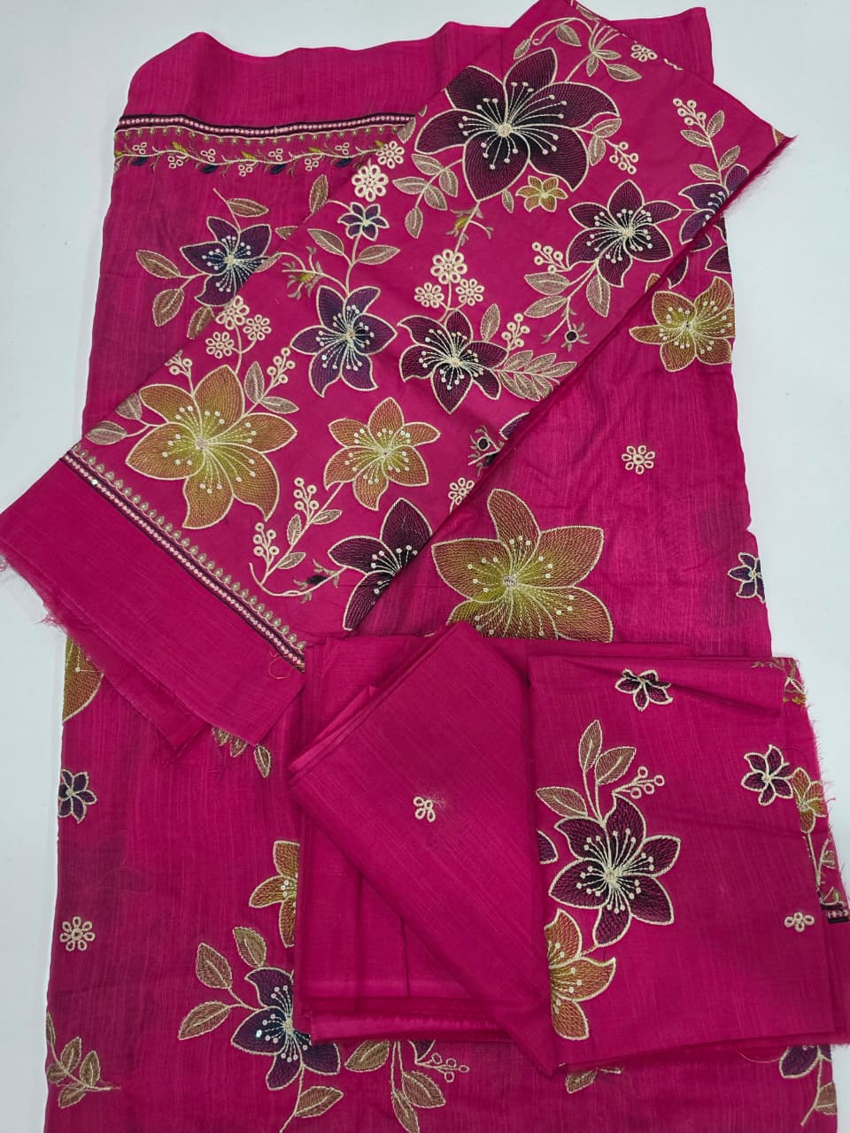 Luxury Shocking Pink Multi-Color Embroidered Lawn 3 Pc Suit - Premium Unstitched Summer Outfit with Intricate Botanical Motif Shirt & Dupatta