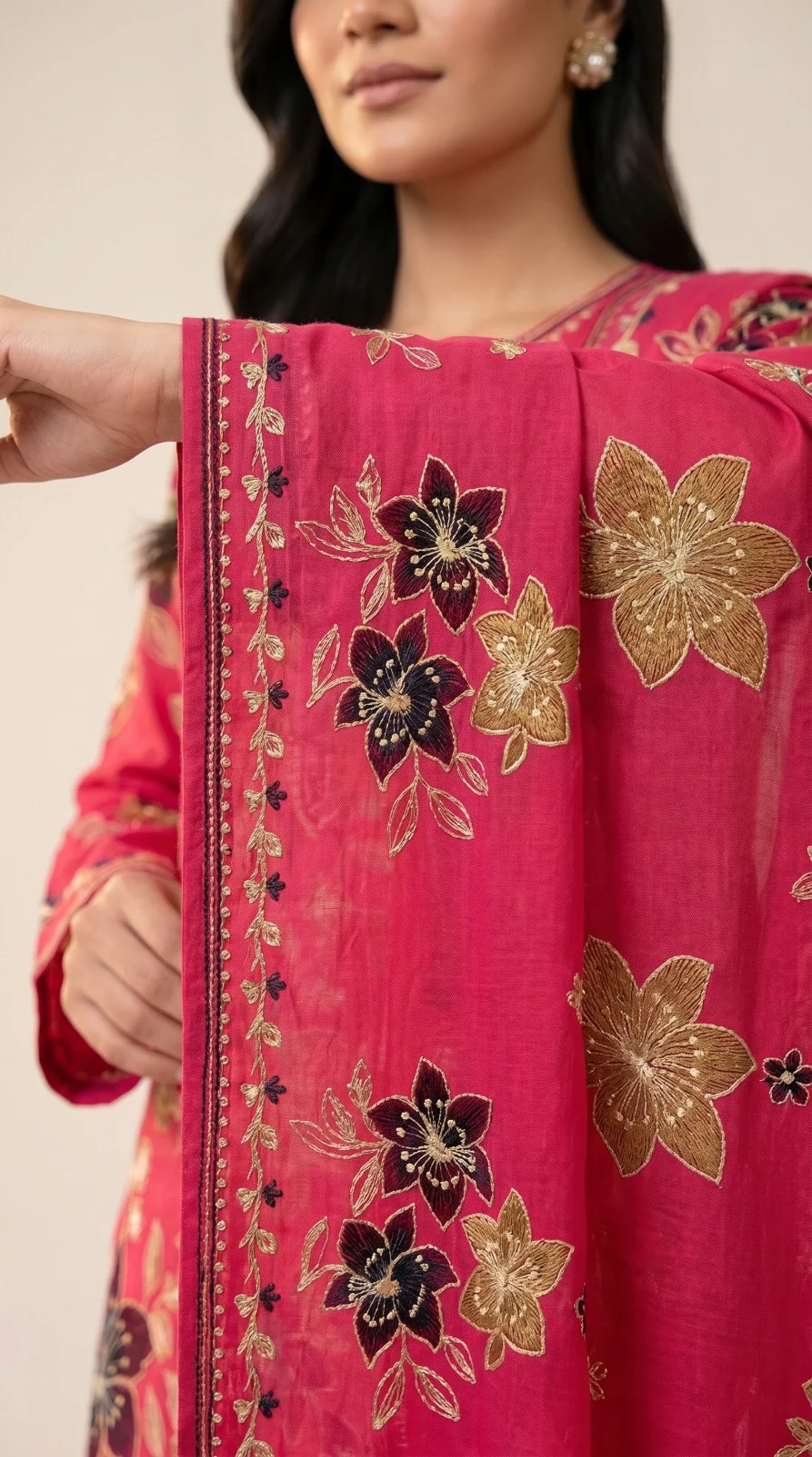 Luxury Shocking Pink Multi-Color Embroidered Lawn 3 Pc Suit - Premium Unstitched Summer Outfit with Intricate Botanical Motif Shirt & Dupatta