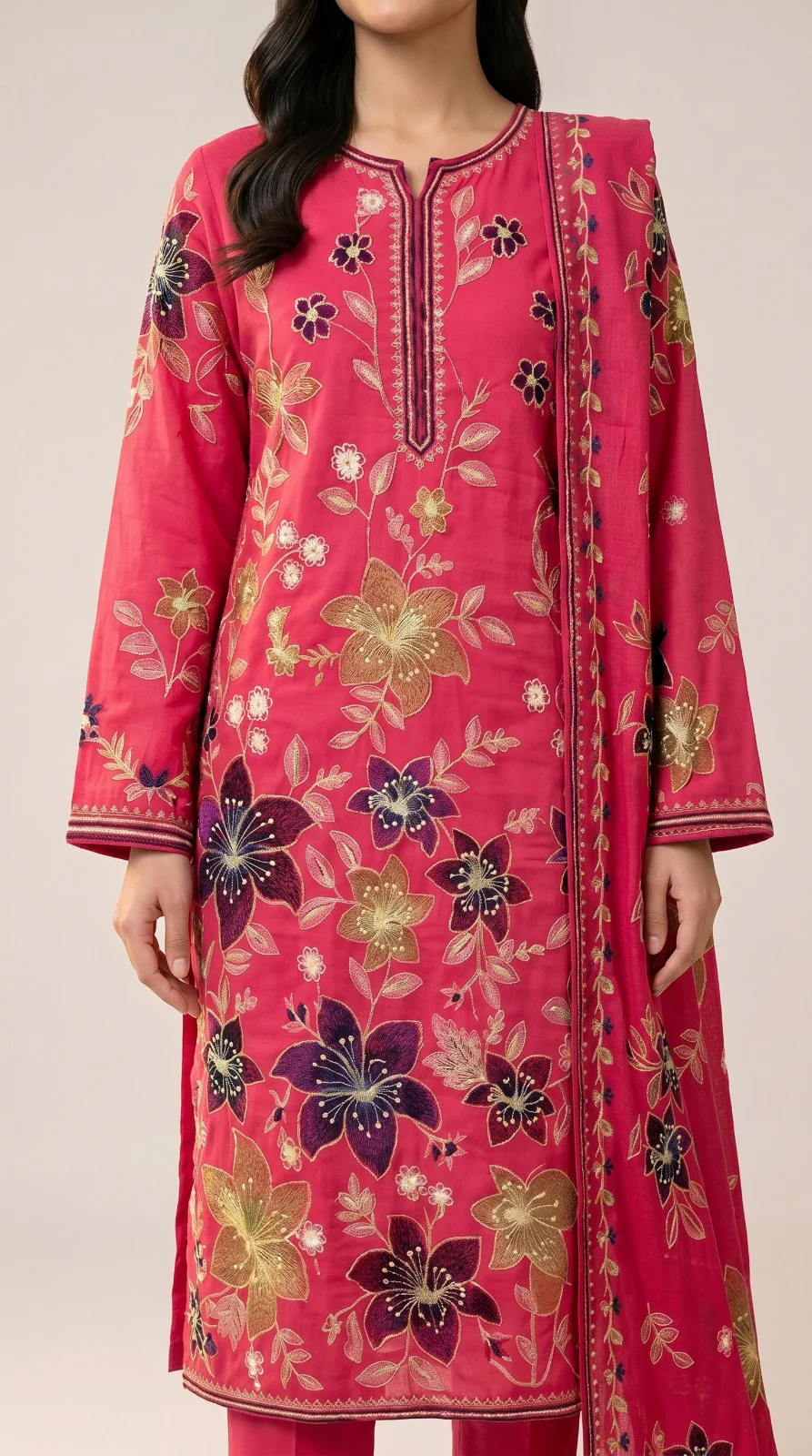 Luxury Shocking Pink Multi-Color Embroidered Lawn 3 Pc Suit - Premium Unstitched Summer Outfit with Intricate Botanical Motif Shirt & Dupatta