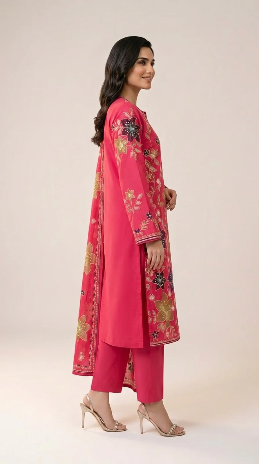 Luxury Shocking Pink Multi-Color Embroidered Lawn 3 Pc Suit - Premium Unstitched Summer Outfit with Intricate Botanical Motif Shirt & Dupatta