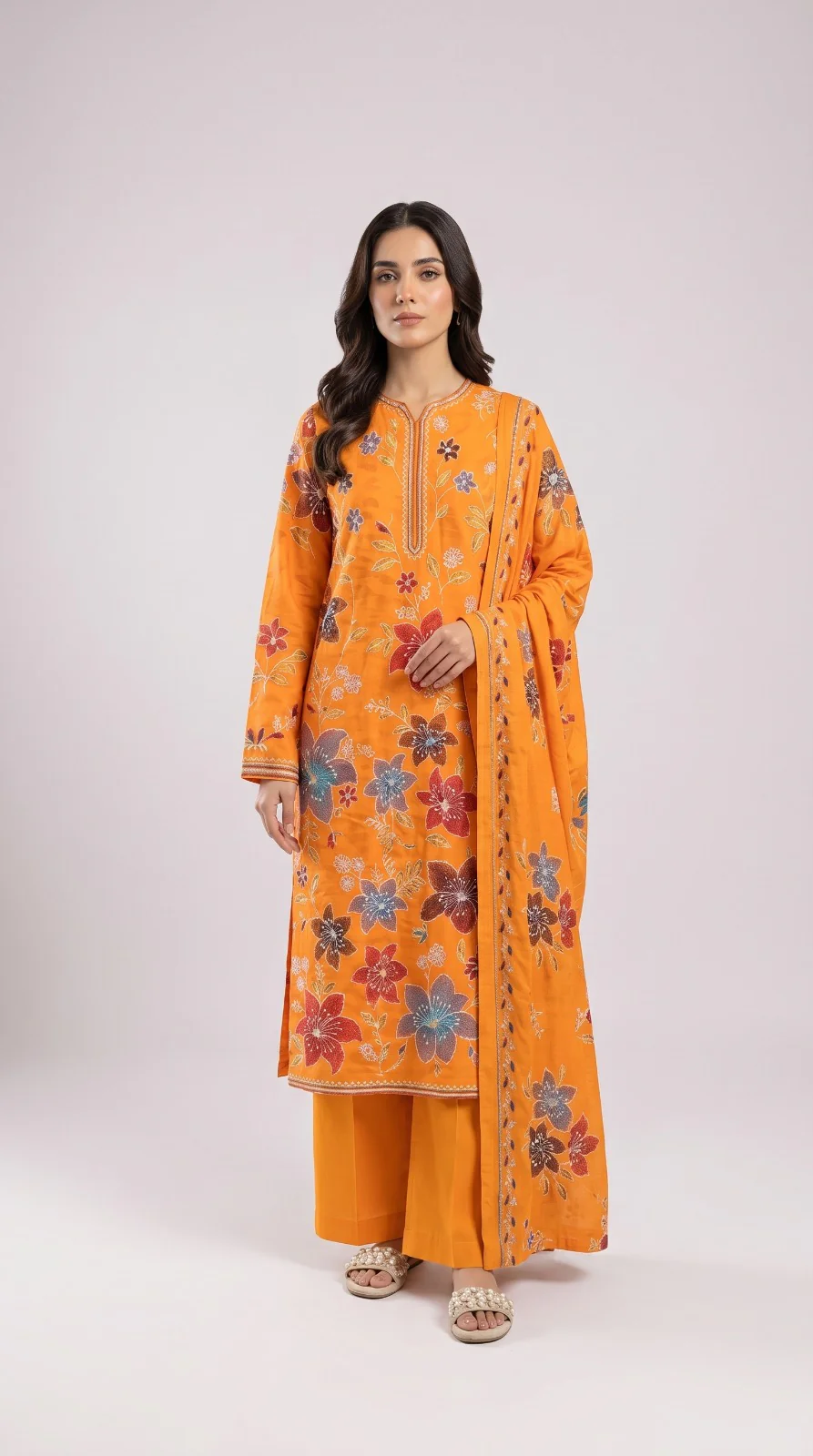 Premium Mustard Amber Multi-Color Embroidered Lawn 3 Pc Suit - Unstitched Festive Summer Outfit with Scattered Bloom Shirt & Matching Dupatta