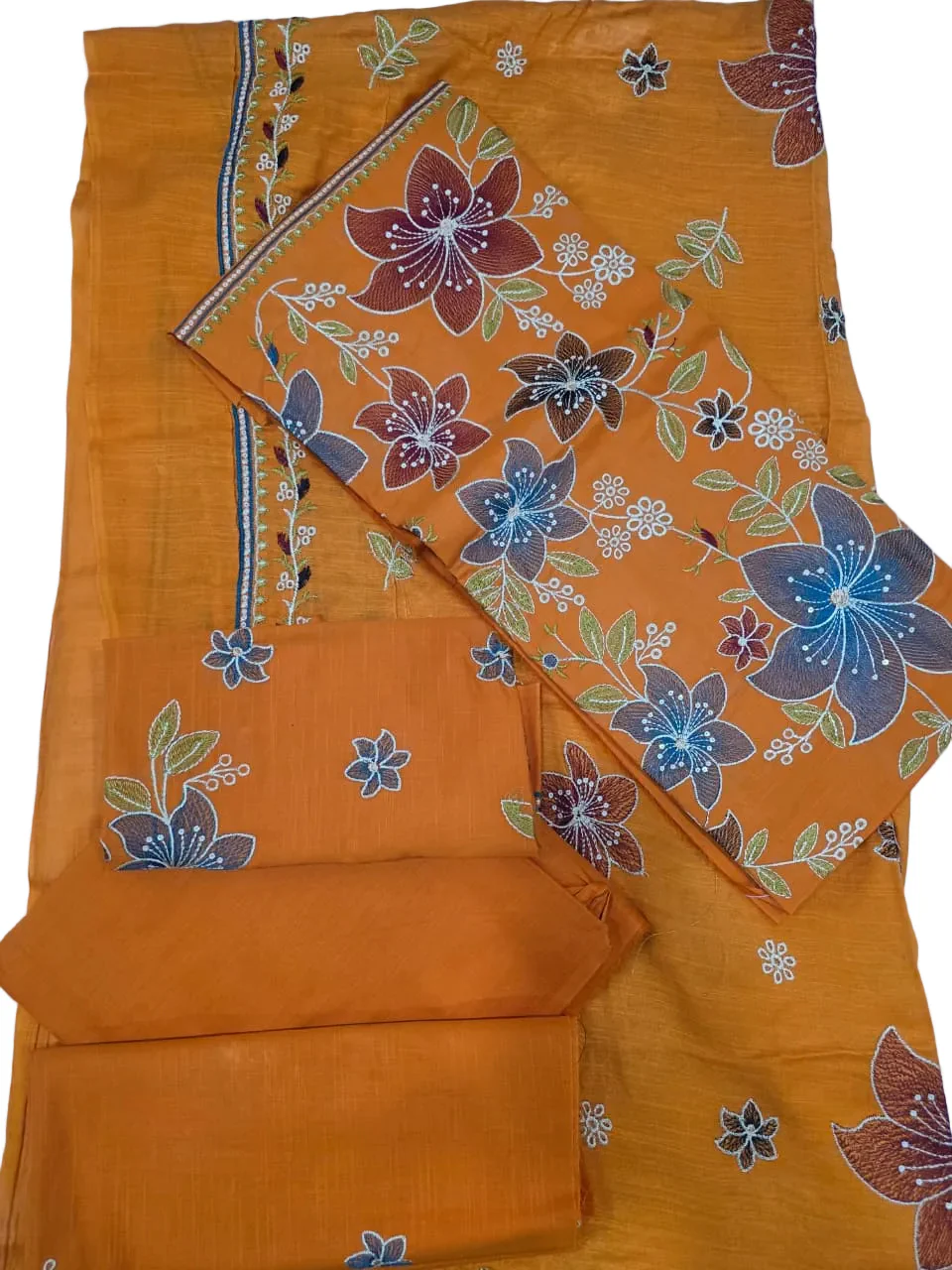 Premium Mustard Amber Multi-Color Embroidered Lawn 3 Pc Suit - Unstitched Festive Summer Outfit with Scattered Bloom Shirt & Matching Dupatta