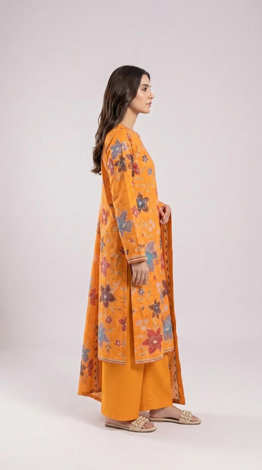 Premium Mustard Amber Multi-Color Embroidered Lawn 3 Pc Suit - Unstitched Festive Summer Outfit with Scattered Bloom Shirt & Matching Dupatta