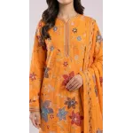 Premium Mustard Amber Multi-Color Embroidered Lawn 3 Pc Suit - Unstitched Festive Summer Outfit with Scattered Bloom Shirt & Matching Dupatta