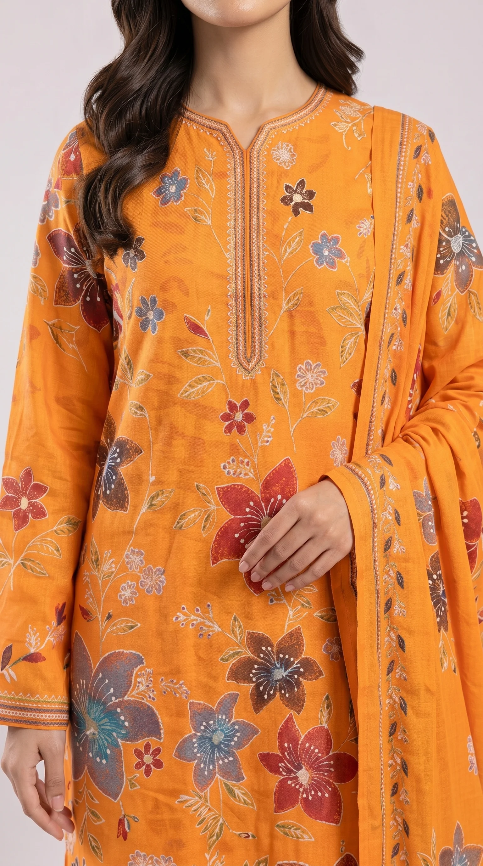 Premium Mustard Amber Multi-Color Embroidered Lawn 3 Pc Suit - Unstitched Festive Summer Outfit with Scattered Bloom Shirt & Matching Dupatta
