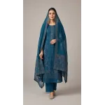 Luxury Prussian Blue Monochromatic Embroidered Lawn 3 Pc Suit - Unstitched Summer Ensemble with Chevron Placket & Ornate Sheer Border Dupatta