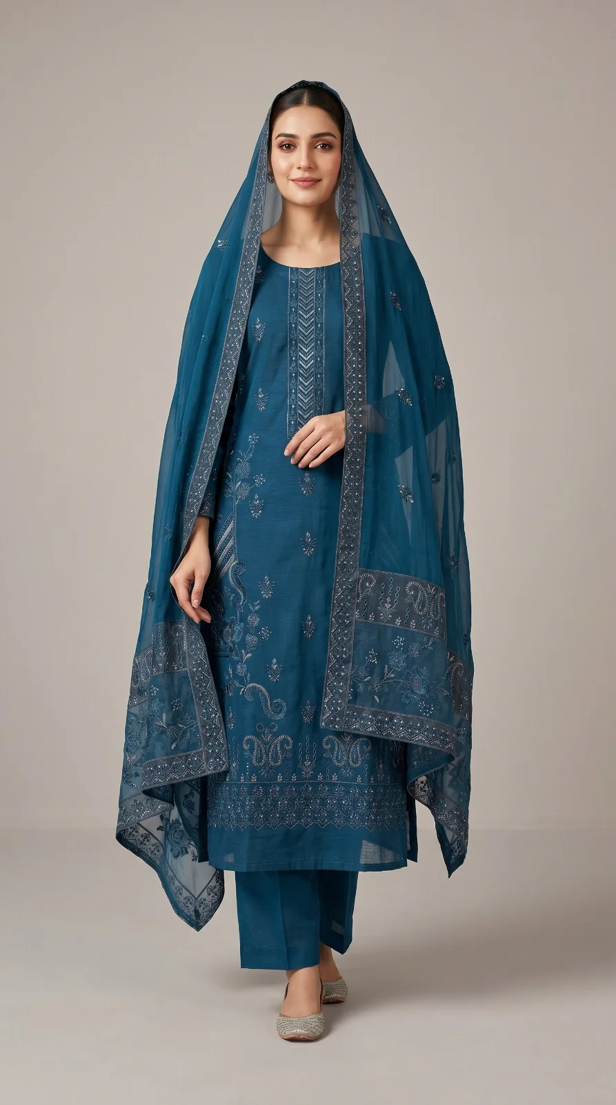 Luxury Prussian Blue Monochromatic Embroidered Lawn 3 Pc Suit - Unstitched Summer Ensemble with Chevron Placket & Ornate Sheer Border Dupatta