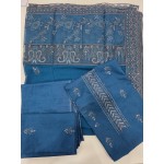 Luxury Prussian Blue Monochromatic Embroidered Lawn 3 Pc Suit - Unstitched Summer Ensemble with Chevron Placket & Ornate Sheer Border Dupatta