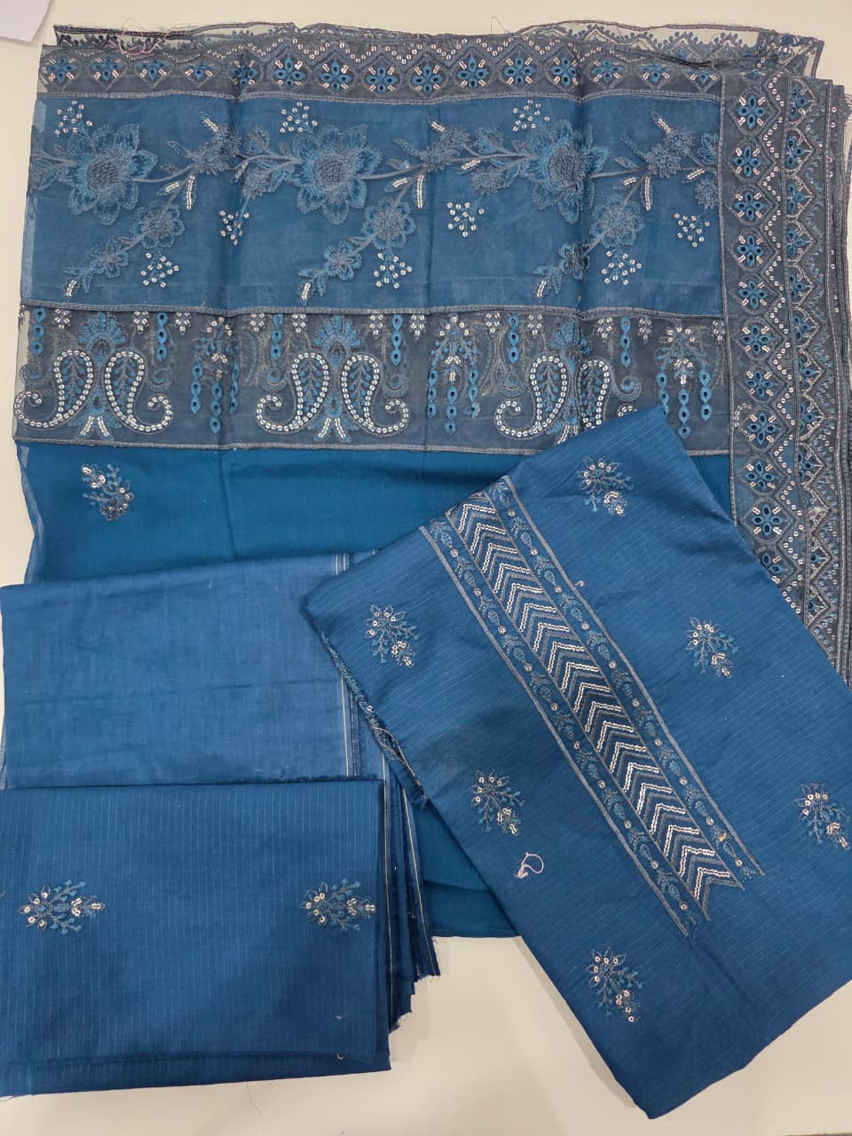 Luxury Prussian Blue Monochromatic Embroidered Lawn 3 Pc Suit - Unstitched Summer Ensemble with Chevron Placket & Ornate Sheer Border Dupatta