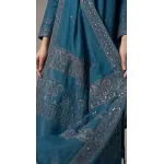 Luxury Prussian Blue Monochromatic Embroidered Lawn 3 Pc Suit - Unstitched Summer Ensemble with Chevron Placket & Ornate Sheer Border Dupatta
