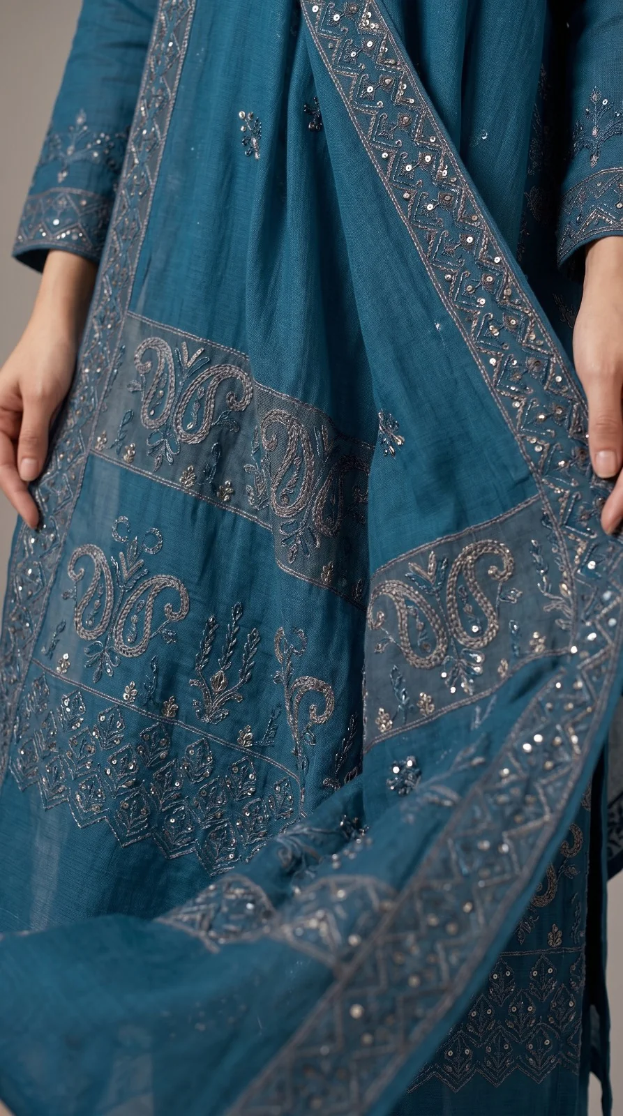 Luxury Prussian Blue Monochromatic Embroidered Lawn 3 Pc Suit - Unstitched Summer Ensemble with Chevron Placket & Ornate Sheer Border Dupatta