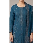 Luxury Prussian Blue Monochromatic Embroidered Lawn 3 Pc Suit - Unstitched Summer Ensemble with Chevron Placket & Ornate Sheer Border Dupatta