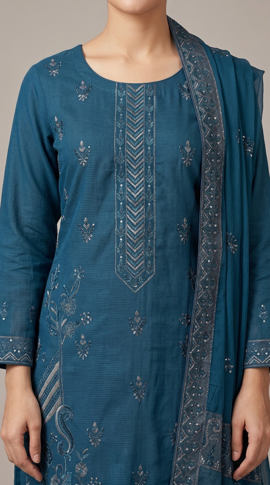 Luxury Prussian Blue Monochromatic Embroidered Lawn 3 Pc Suit - Unstitched Summer Ensemble with Chevron Placket & Ornate Sheer Border Dupatta