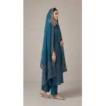 Luxury Prussian Blue Monochromatic Embroidered Lawn 3 Pc Suit - Unstitched Summer Ensemble with Chevron Placket & Ornate Sheer Border Dupatta