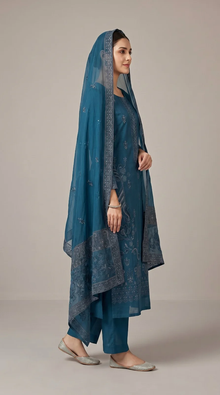 Luxury Prussian Blue Monochromatic Embroidered Lawn 3 Pc Suit - Unstitched Summer Ensemble with Chevron Placket & Ornate Sheer Border Dupatta