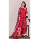 Premium Crimson Red Floral Embroidered Lawn 3 Pc Suit - Unstitched Summer Outfit with Cutwork Scallop Dupatta & Abstract Ikat Hemline