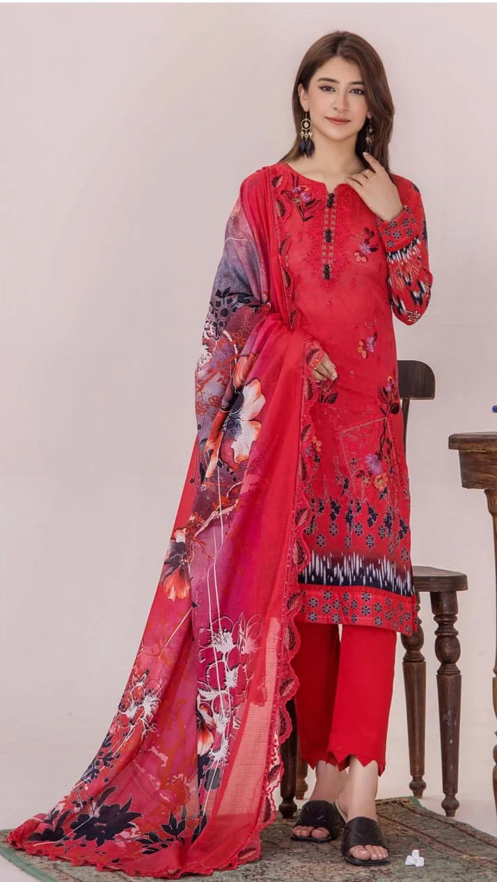 Premium Crimson Red Floral Embroidered Lawn 3 Pc Suit - Unstitched Summer Outfit with Cutwork Scallop Dupatta & Abstract Ikat Hemline